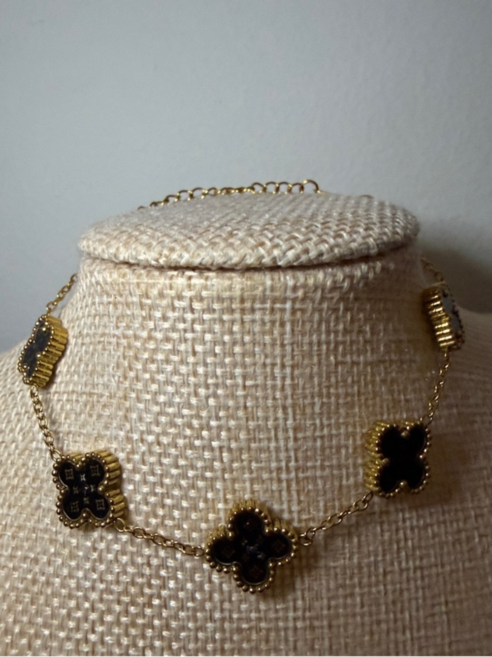 Gold and Black Clover Motif Bracelet  7-8 inch adjustable